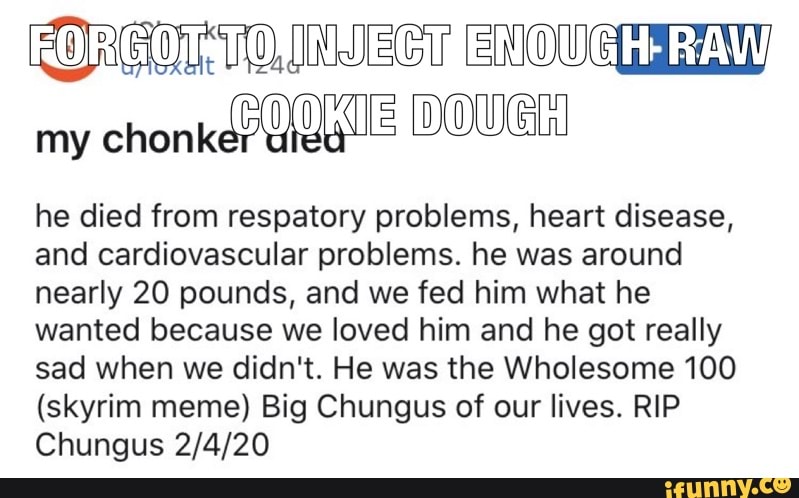 my
COOKIE
he died from respatory problems, heart disease,
and cardiovascular problems. he was around
nearly 20 pounds, and we fed him what he
wanted because we loved him and he got really
sad when we didn't. He was the Wholesome 100
(skyrim meme) Big Chungus of our lives. RIP
Chungus 2/4/20