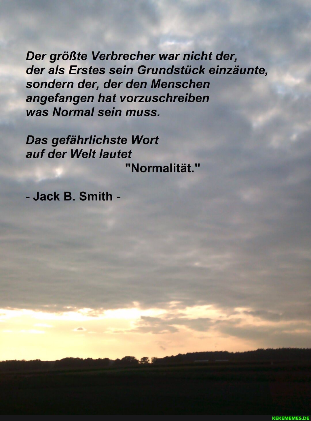Der größte Verbrecher war nicht der,
der als Erstes sein Grundstück einzäunte, sondern der, der den Menschen angefangen hat vorzuschreiben
was Normal sein muss.
Das gefährlichste Wort auf der Welt lautet
"Normalität."
- Jack B. Smith -