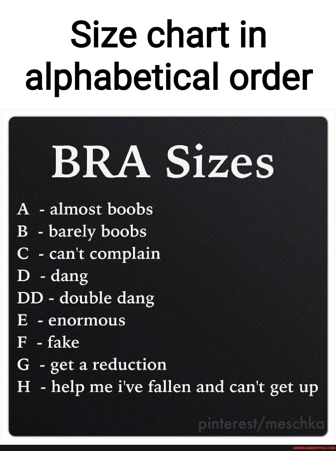 Size chart in alphabetical order BRA Sizes A - almost boobs B - barely boobs  C - can't