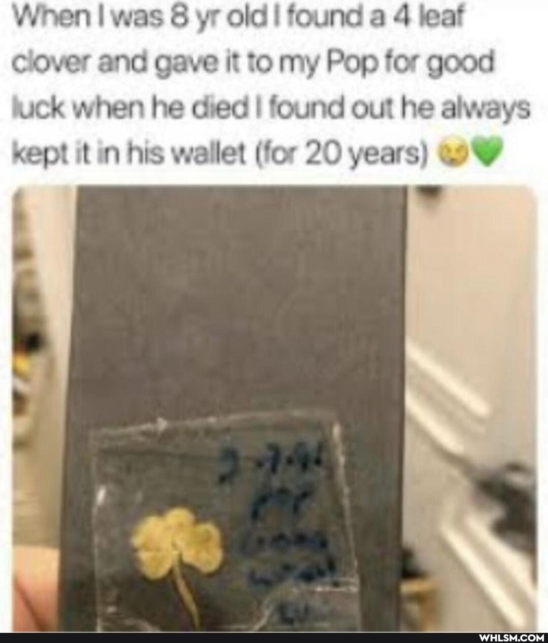 When I was 8 yr old found a 4 leaf clover and gave it to my Pop for good luck when he died I found out he always
kept it in his wallet (for 20 years)