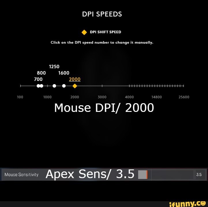 Dpi Speeds Dpi Sh Ft Speed Click On The Dpi Speed Number To Change It Manually 1250 800 1600 700 00 Eec 100 1000 00 3000 4000 Mouse Dpi 00 Mouse Sensitivity Apex Sens 3 5 Hi