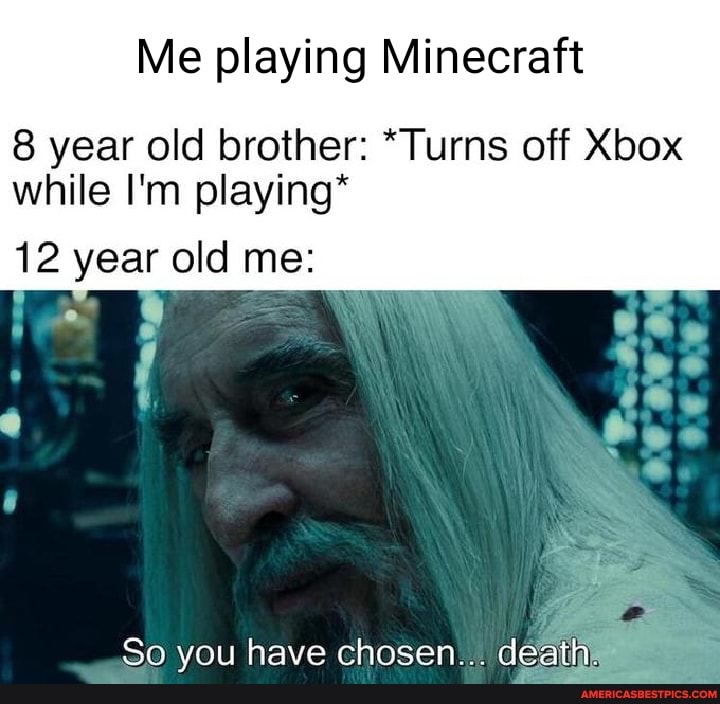 Me playing Minecraft
8 year old brother: *Turns off Xbox while I'm playing*
12 year old me:
ry
So you have chosen... deaih