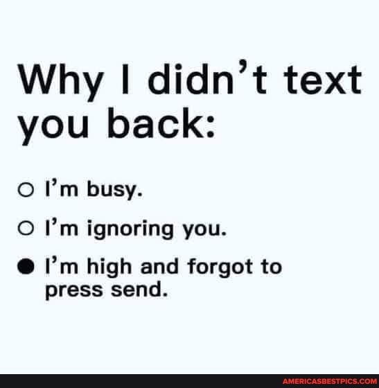 Why I didn't text you back:
I'm busy.
I'm ignoring you.
@ I'm high and forgot to press send.