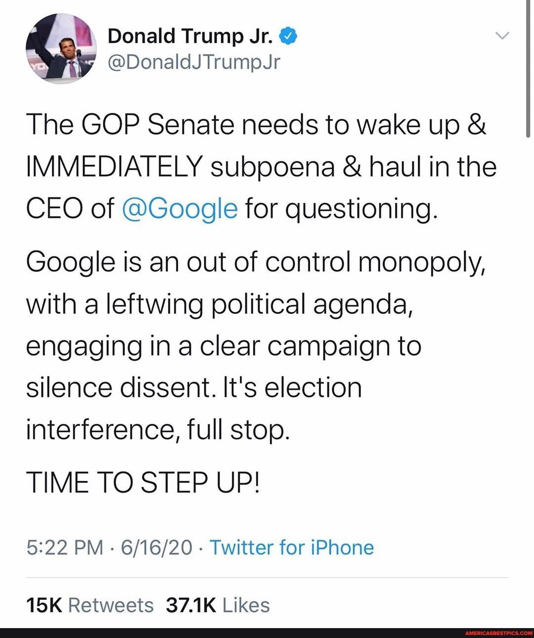 The GOP Senate needs to wake up &
IMMEDIATELY subpoena & haul in the
CEO of @Google for questioning.
Google is an out of control monopoly, with a leftwing political agenda, engaging in a clear campaign to silence dissent. It's election interference, full stop.
TIME TO STEP UP!
PM - - Twitter for iPhone