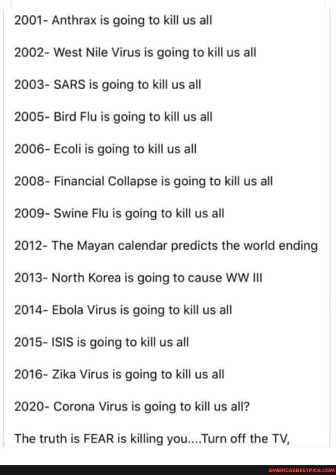 2001- Anthrax is going to kill us all
2002- West Nile Virus is going to kill us all
2003- SARS is going to kill us all
2005- Bird Flu is going to kill us all
2006- Ecoli is going to kill us all
2008- Financial Collapse is going to kill us all
2009- Swine Flu is going to kill us all
2012- The Mayan calendar predicts the world ending
2013- North Korea is going to cause WW Ill
2014- Ebola Virus is going to kill us all
2015- ISIS is going to kill us all
2016- Zika Virus is going to kill us all
2020- Corona Virus is going to kill us all?
The truth is FEAR is killing you... Turn off the TV,