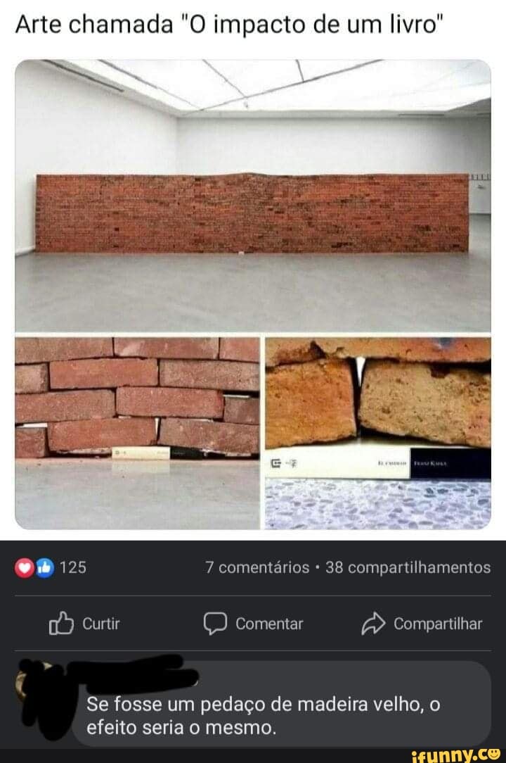 Arte chamada "O impacto de um livro"
125 7 comentários 38 compartilhamentos
Curtir Comentar Compartilhar
Se fosse um pedaço de madeira velho, o efeito seria o mesmo.