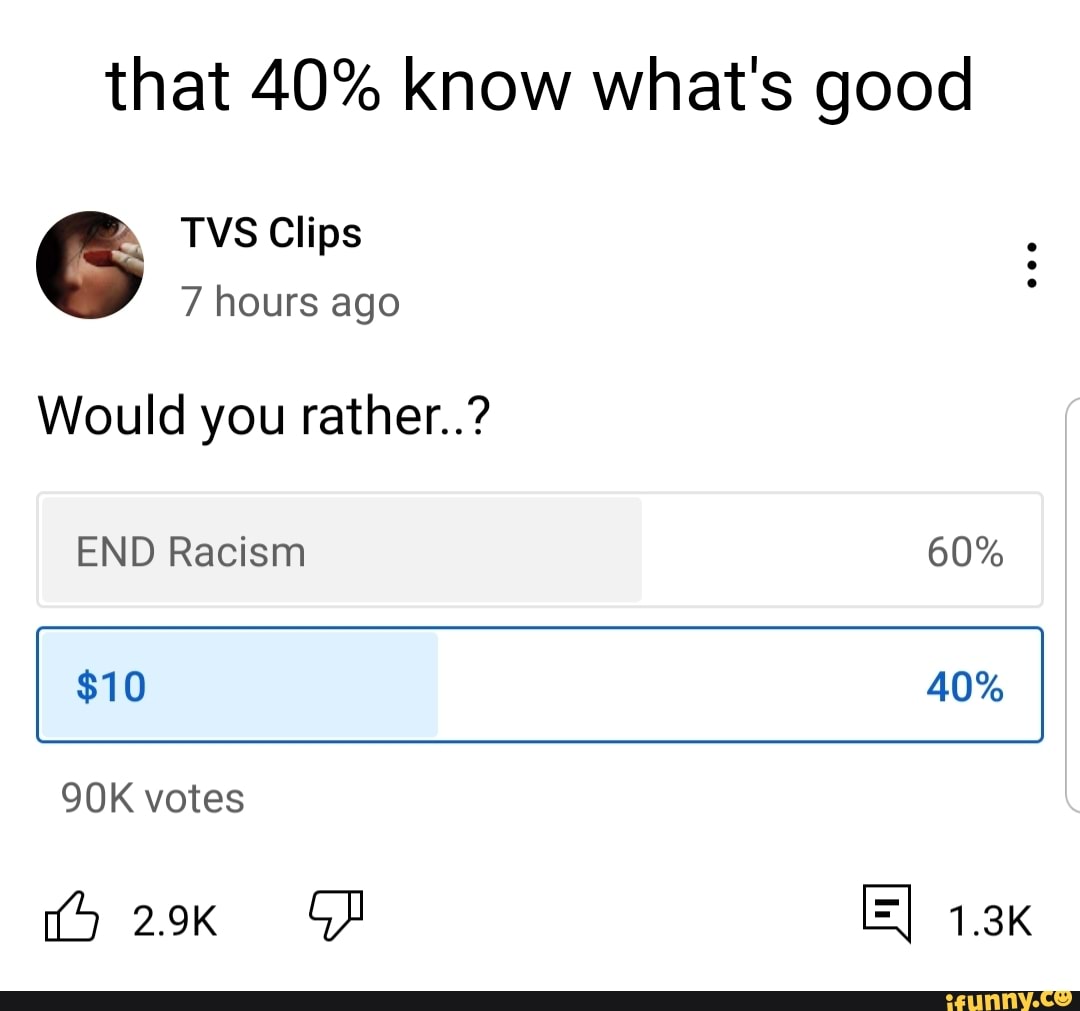 that 40% know what's good
TVS Clips
7 hours ago
Would you rather..?
END Racism 60%
$10 40% votes
GD 1.3k