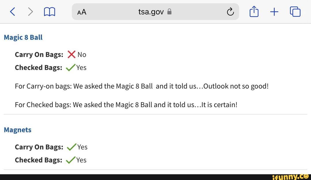 > AA tsa.gov @ Magic 8 Ball Carry On Bags: XX No Checked Bags: Yes For