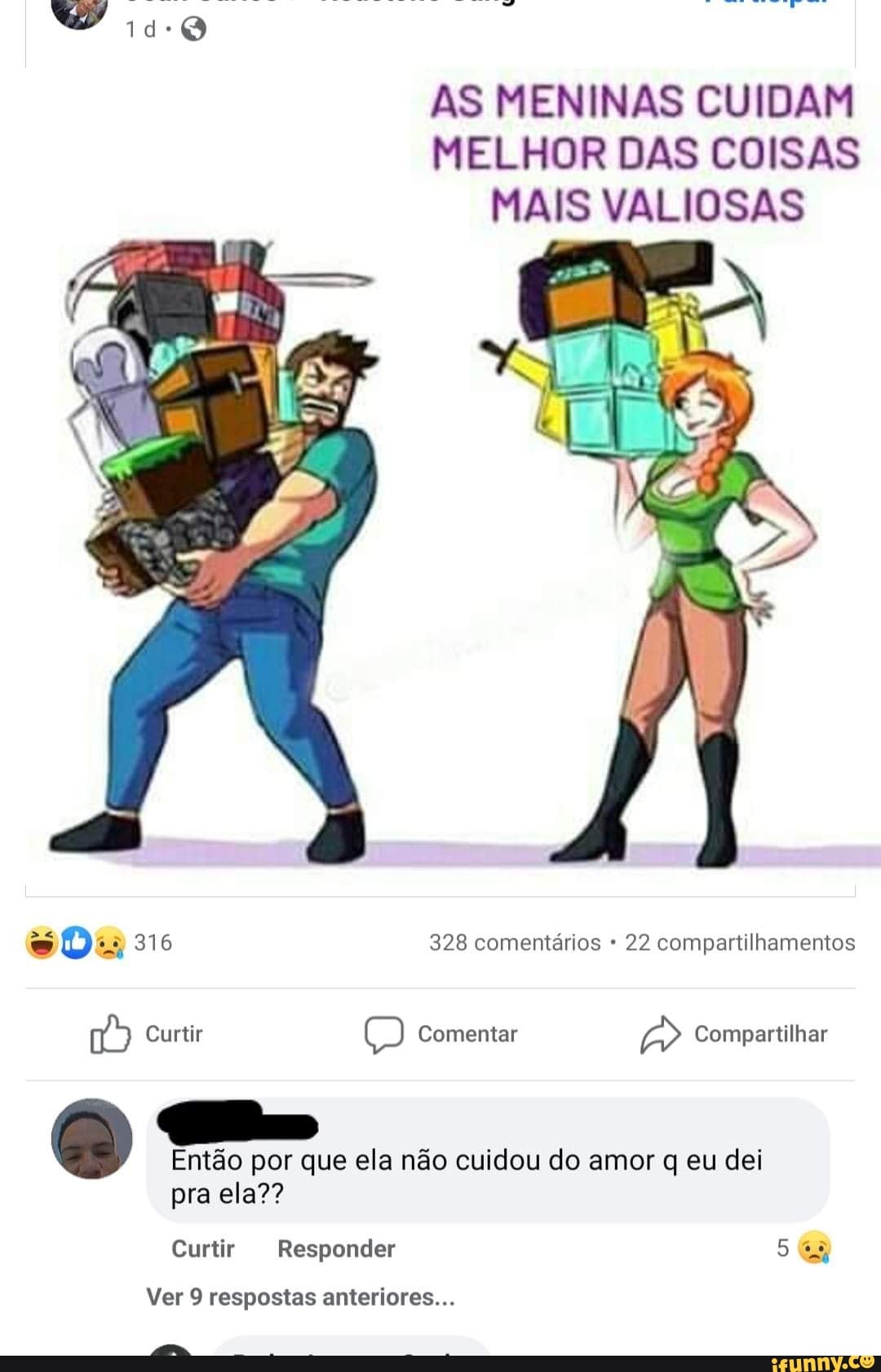AS MENINAS CUIDAM MELHOR DAS COISAS MAIS VALIOSAS
Dis 316 328 comentários 22 compartilhamentos
Curtir Comentar Compartilhar
Então por que ela não cuidou do amor q eu dei pra ela??
Curtir Responder as
Ver 9 respostas anteriores...