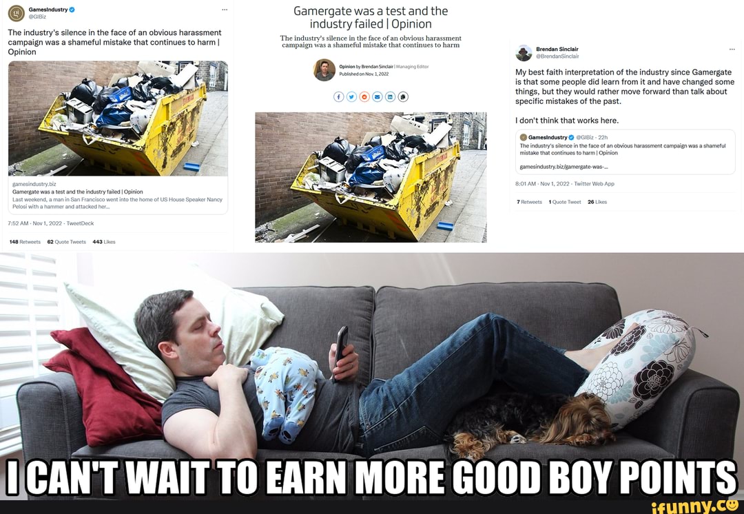 Brendan Sinclair of GamesIndustry Biz earning good boy points for talking  about GamerGate in 2022 - The industry's silence in the face of an obvious  harassment 'campaign was a shameful mistake that