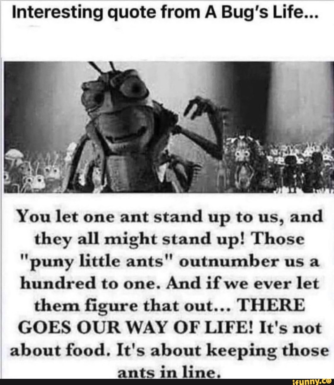 Interesting quote from A Bug's Life... if SS You let one ant stand up