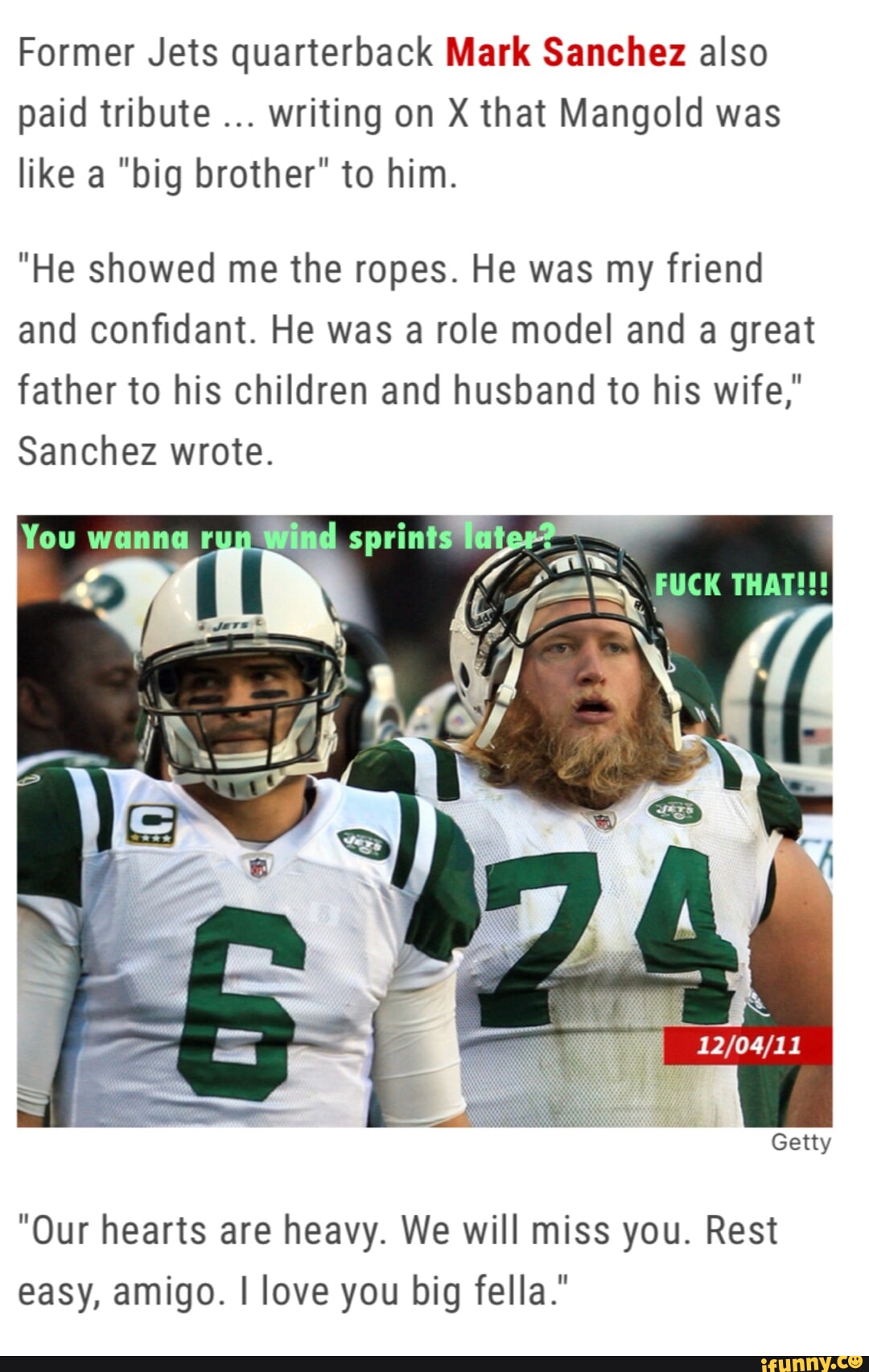 Former Jets quarterback Mark Sanchez also paid tribute writing on X ...