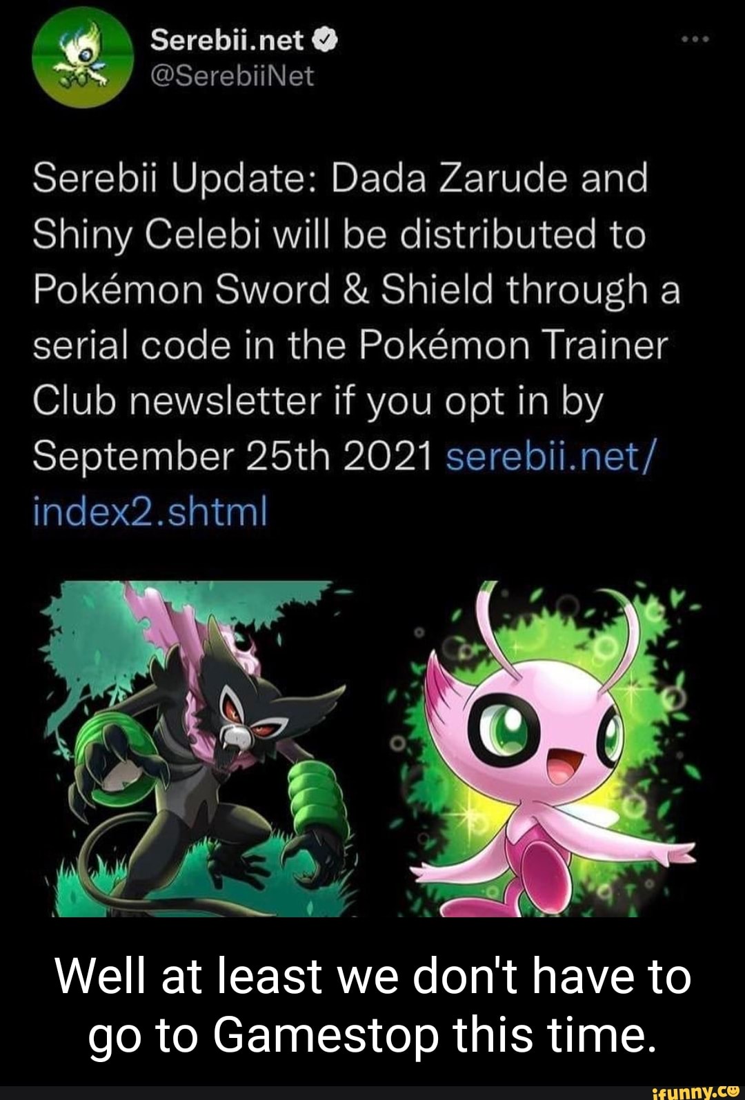  @SerebiiNet Serebii Update: Dada Zarude and Shiny Celebi will  be distributed to Pokemon Sword