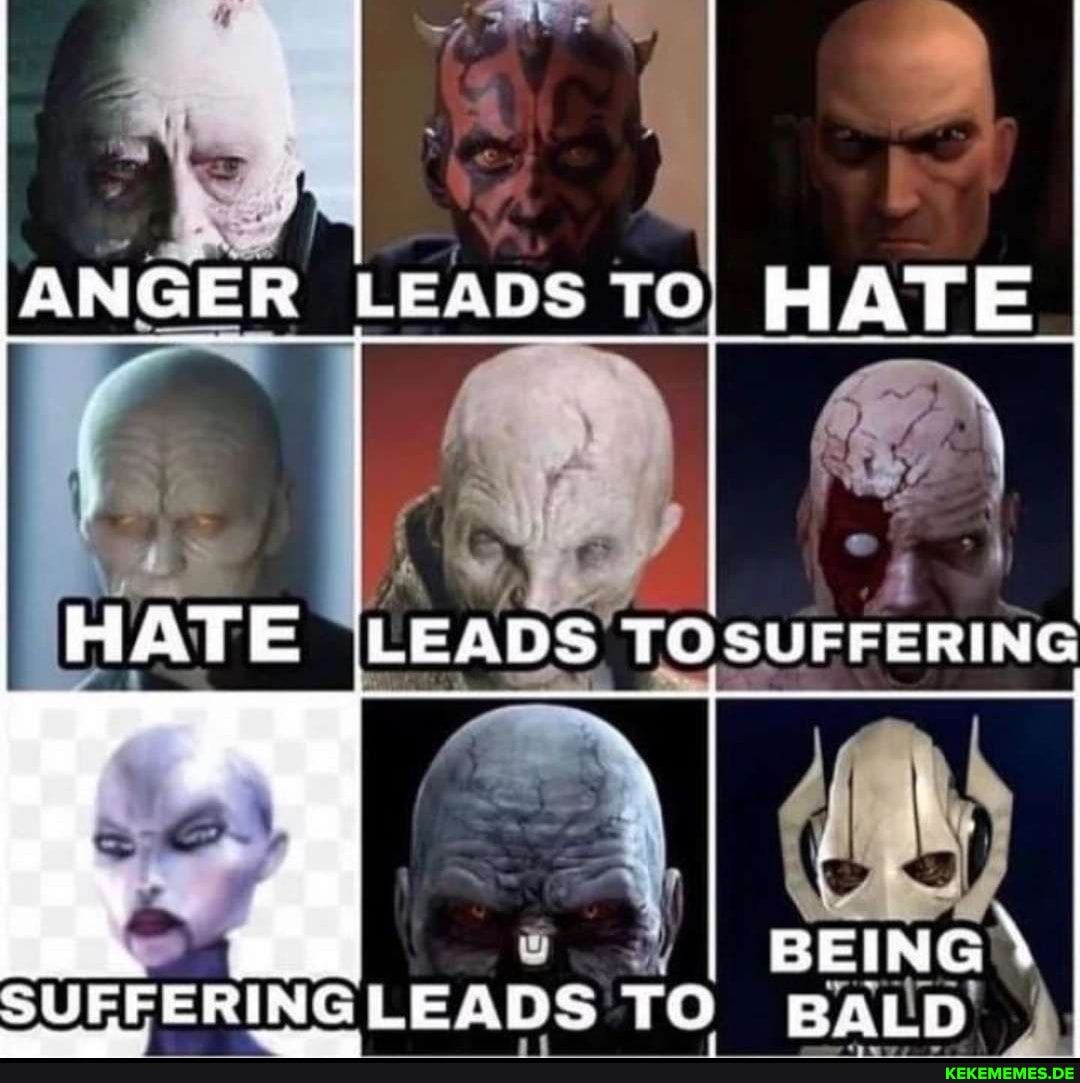 ANGER LEADS TO, HATE HATE LEADS TOSUFFERING BEING  SUFFERINGLEADS TO BALD