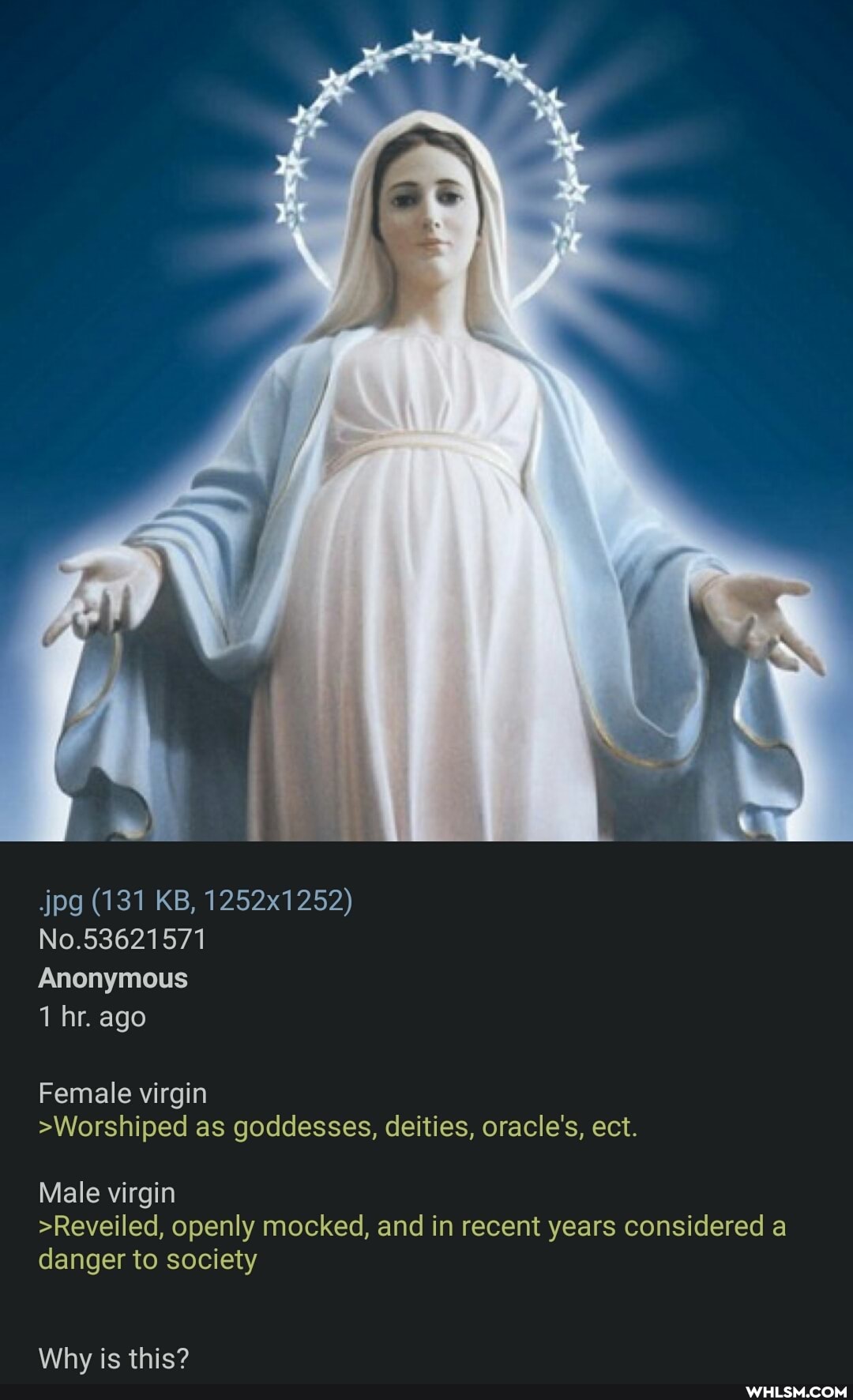 jpg (131 KB, 1252x1252)
No.53621571
Anonymous
1 hr. ago
Female virgin
>Worshiped as goddesses, deities, oracle's, ect.
Male virgin
>Reveiled, openly mocked, and in recent years considered a danger to society
Why is this?