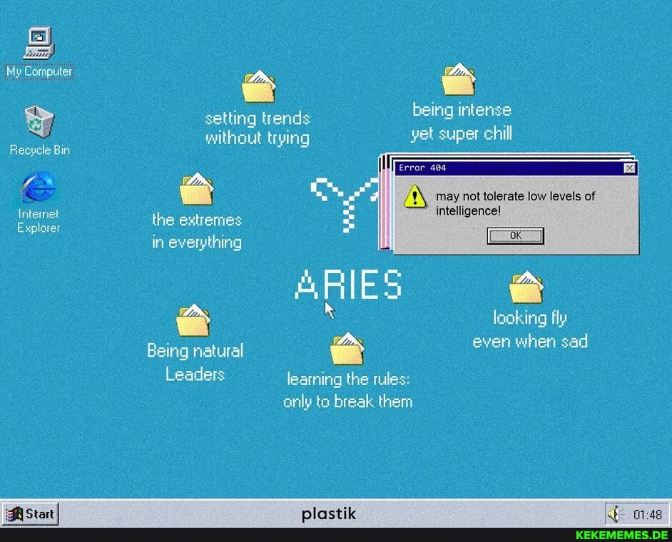 My Computer
Recycle Bin
Internet
Explorer
setting trends being intense
without trying yet super chill
the extremes in everything
may not tolerate low levels of intelligence!
ARIES ee x
Being natural even when sad learning the rules:
Leaders
learning the rules: only to break them