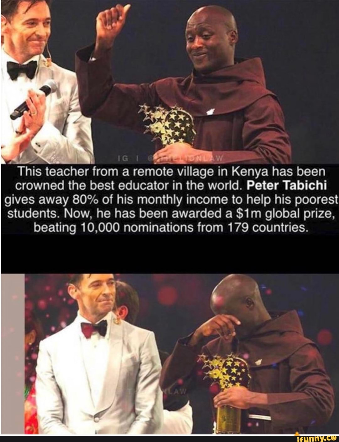 This teacher from a remote village in Kenya has been
crowned the best educator in the world. Peter Tabichi
gives away 80% of his monthly income to help his poorest
students. Now, he has been awarded a $1m global prize,
beating 10,000 nominations from 179 countries.