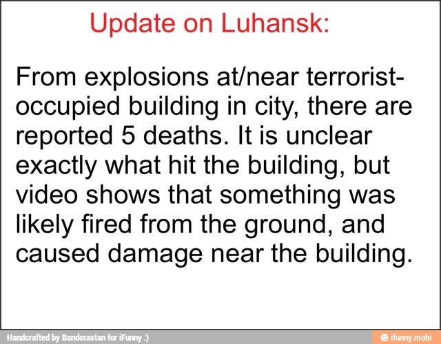 Update
From explosions at/near terrorist-
occupied building in city, there are
reported 5 deaths. It is unclear
exactly what hit the building, but
video shows that something was
likely fired from the ground, and
caused damage near the building.