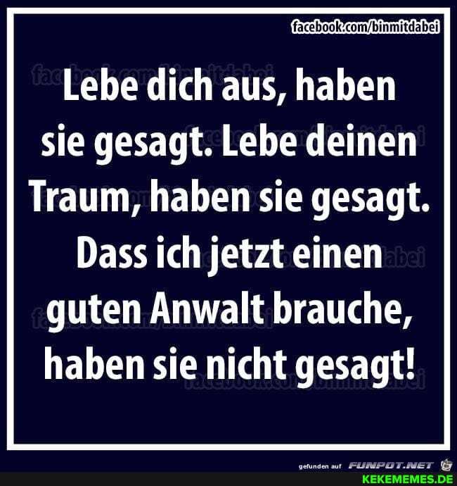 Lebe dich aus, haben sie gesagt. Lebe deinen
Traum, haben sie gesagt.
Dass ich jetzt einen guten Anwalt brauche, haben sie nicht gesagt!