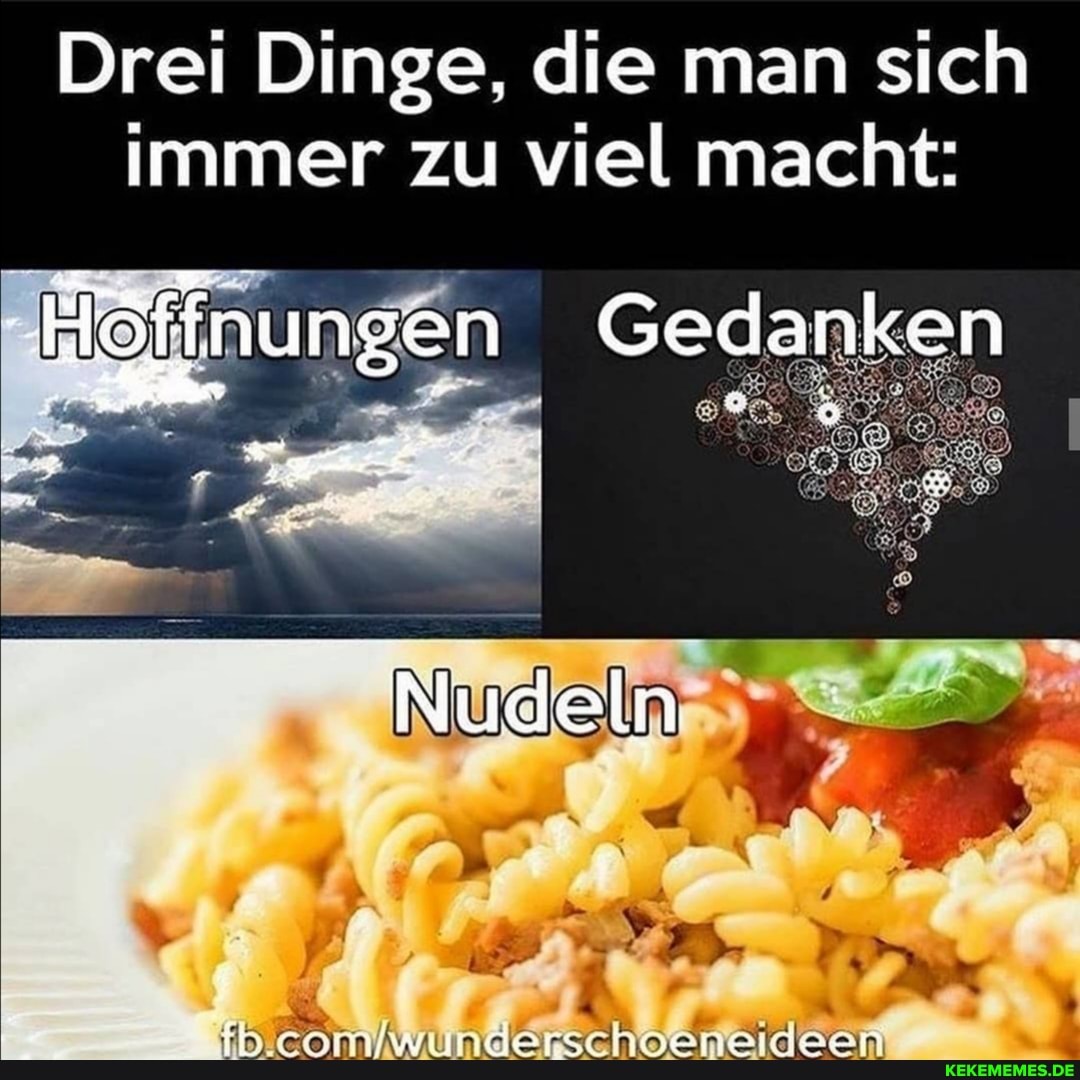 Drei Dinge, die man sich immer zu viel macht:
Gedanken
nungen
Nudeln