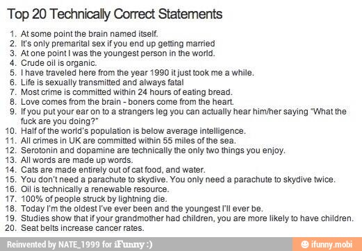 Top 20 Technically Correct Statements 1 Atsome Point The Brain Named Itself 2 Its Only 