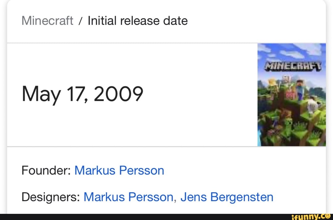 Minecraft Initial release date May 17, 2009 Founder: Markus Persson ...