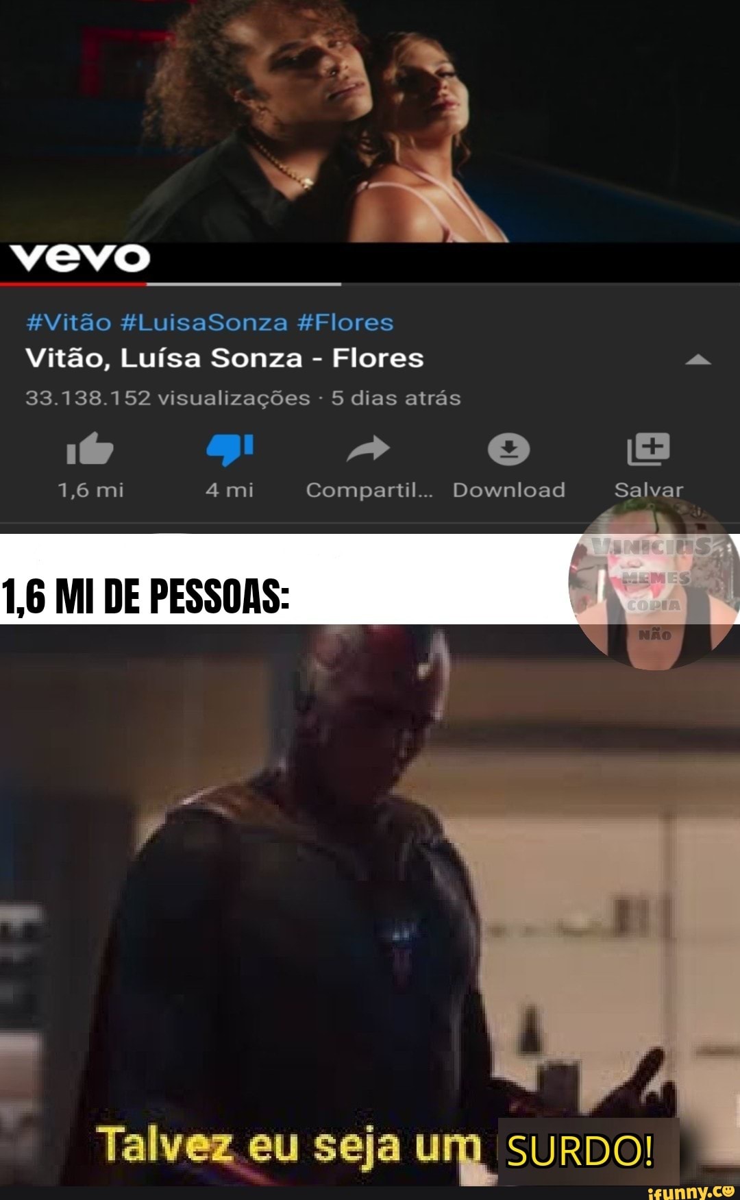 vevo
#Vitao #LuisaSonza #Flores
Vitao, Luisa Sonza
Flores a
1,6 Compartil...
1,6 MI DE PESSOAS:
Talvez eu seja um SURDO!