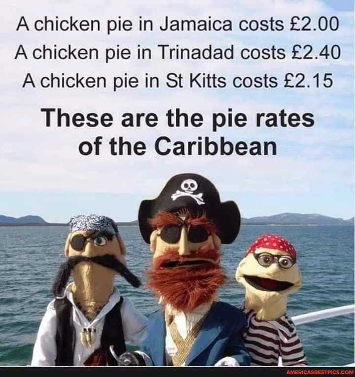 A chicken pie in Jamaica costs
A chicken pie in Trinadad costs
A chicken pie in St Kitts costs
These are the pie rates of the Caribbean