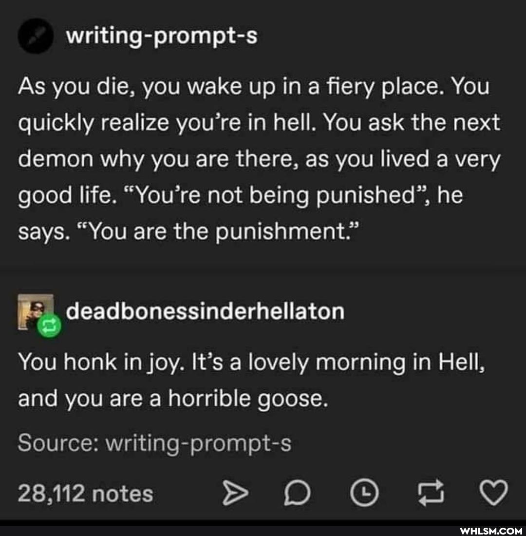 As you die, you wake up in fiery place. You quickly realize you're in hell. You ask the next demon why you are there, as you lived a very good life. "You're not being punished", he says. "You are the punishment."
deadbonessinderhellaton
You honk in joy. It's a lovely morning in Hell, and you are a horrible goose.
Source: writing-prompt-s
28,112 notes O YY