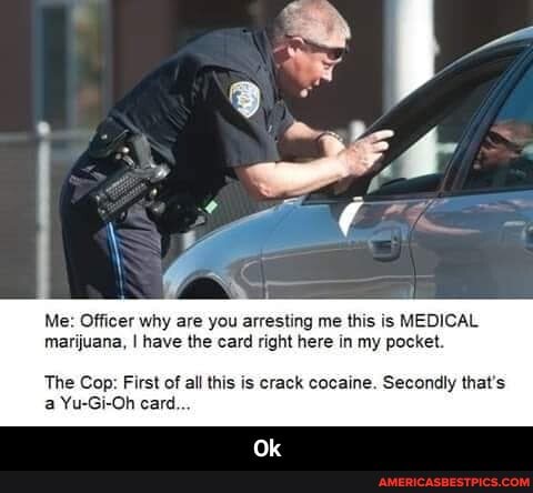 Me: Officer why are you arresting me this is MEDICAL marijuana, I have the card right here in my pocket.
The Cop: First of all this is crack cocaine. Secondly that's
Yu-Gi-Oh card...
Ok - Ok