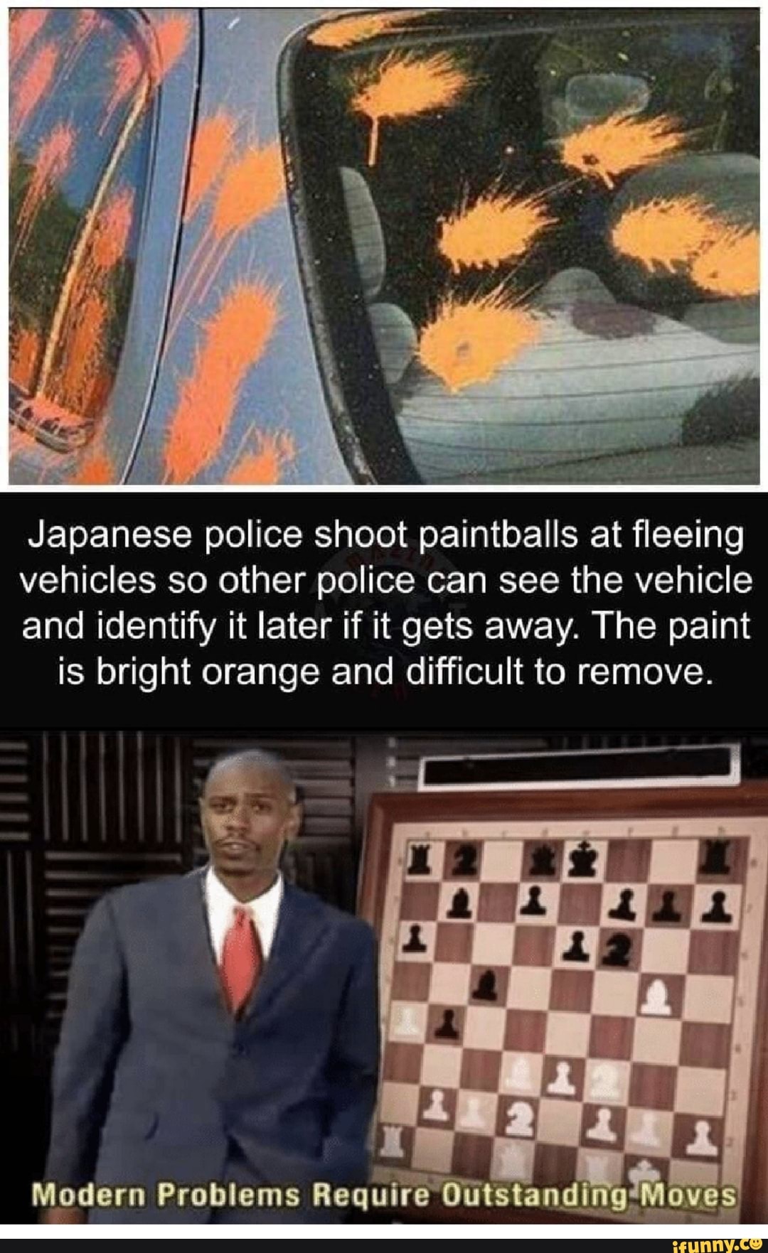 Japanese police shoot paintballs at fleeing
vehicles so other police can see the vehicle
and identify it later if it gets away. The paint
is bright orange and difficult to remove.