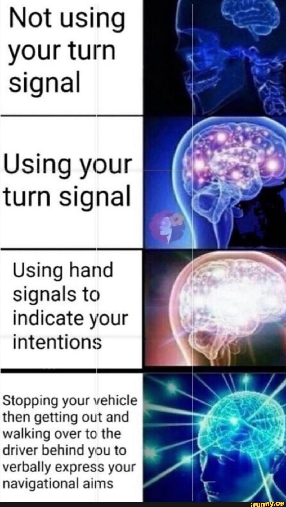 Not using your turn signal Using your turn signal Using hand signals to