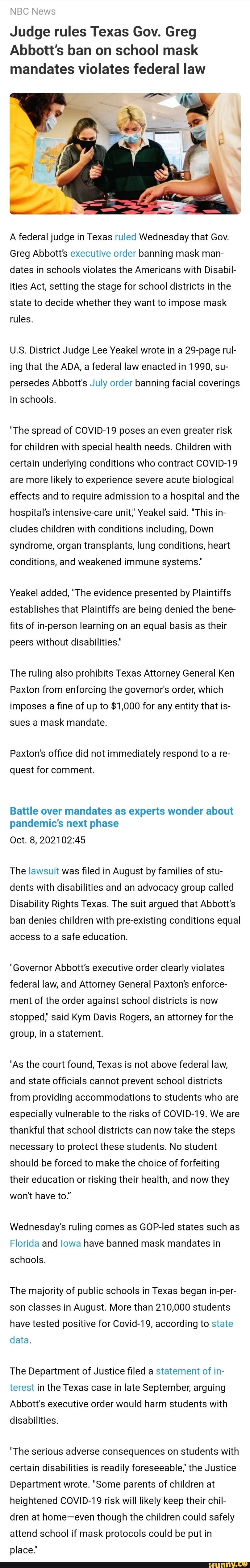 NBC News Judge rules Texas Gov. Greg Abbott's ban on school mask ...