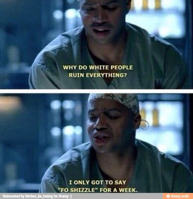 WHY DO WHITE PEOPLE
RUIN EVERYTHING?
Z I ONLY GOT TO SAY
"FO SHIZZLE" FOR A WEEK.