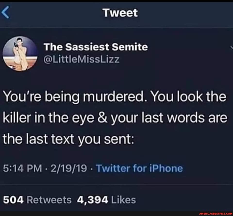 Tweet The Sassiest Semite You Re Being Murdered You Look The Killer In The Eye Your Last Words Are The Last Text You Sent Pm Twitter For Iphone 504