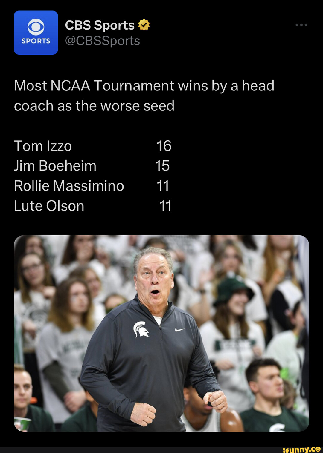 CBS Sports @ sports Most NCAA Tournament wins by a head coach as the worse  seed Tom Izzo 16 Jim Boeheim 15 Rollie Massimino 11 Lute Olson 11 - iFunny