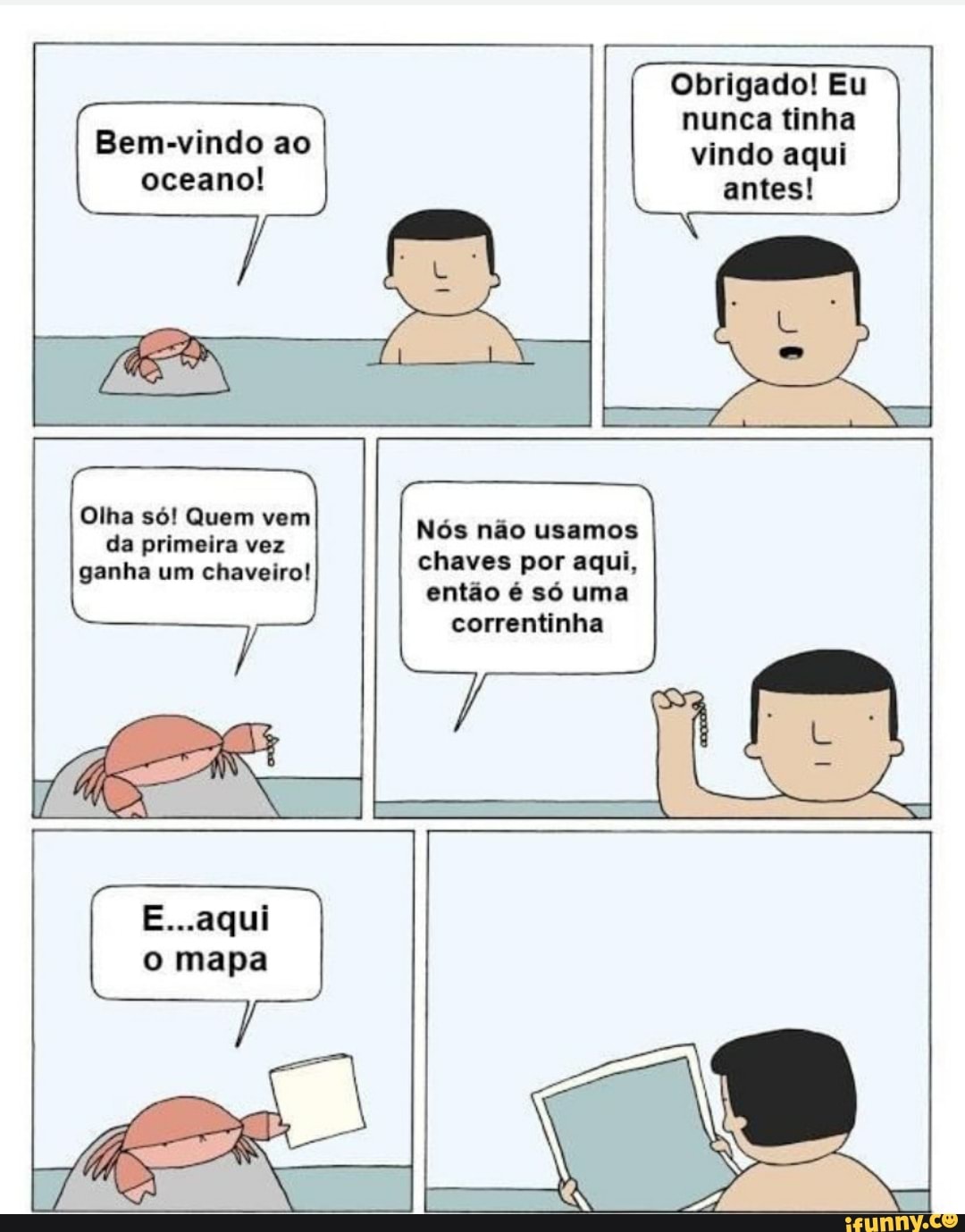 Obrigado! Eu nunca tinha vindo aqui antes!
Bem-vindo ao oceano!
Olha só! Quem vem da primeira vez ganha um chaveiro!
E...aqui
mapa
Nós não usamos chaves por aqui, então é só uma correntinha