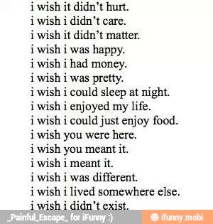 i wish it didn't hurt.
i wish i didn't care.
i wish
it didn't matter.
i wish i was
happy.
i wish i
had money.
i wish i was pretty.
i wish i could sleep at night.
i wish i enjoyed my
life.
i wish i
could just enjoy food.
i wish you were here.
i wish you meant it.
i wish i meant it.
i wish i was
different.
i wish i lived somewhere else.
j wish i
didn't exist.