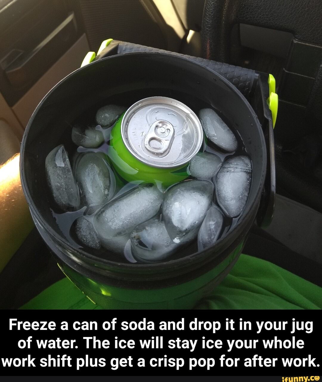 Freeze a can of soda and drop it in your jug of water. The ice will stay ice your whole work