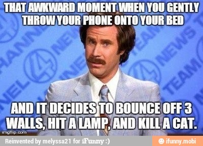 THAT AWKWARD MOMENT: WHENIYOU GENTLY,
THROW YOUR PHONE ONTO YOUR BED
AND
IT, neem TO BOUNCE OFFS