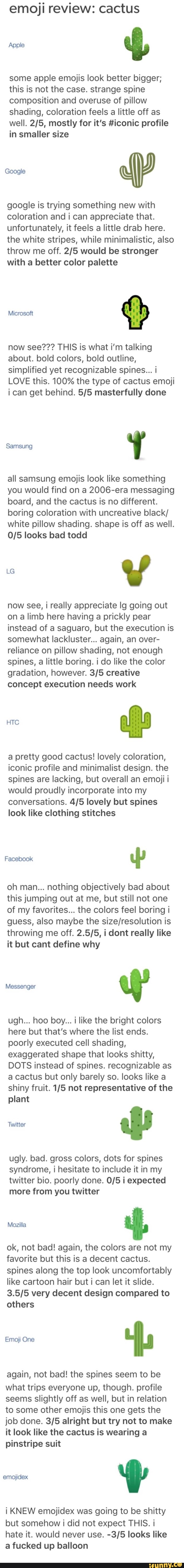 Emoji Review Cactus Some Apple Emojis Look Better Bigger This Is Not The Case Strange Spine Composition And Overuse Of Pillow Shading Coloration Feels A Little Off As Well 2 5 Mostly For