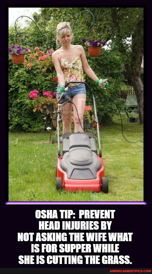 OSHA TIP: PREVENT HEAD INJURIES BY NOT ASKING THE WIFE WHAT IS FOR SUPPER WHILE SHE IS CUTTING THE GRASS.