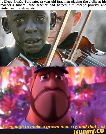 5. Diego Frazáo Torquato, 12 year old Brazilian playing the violin at his
teacher's funeral. The teacher had helped him escape poverty an
jolence through music