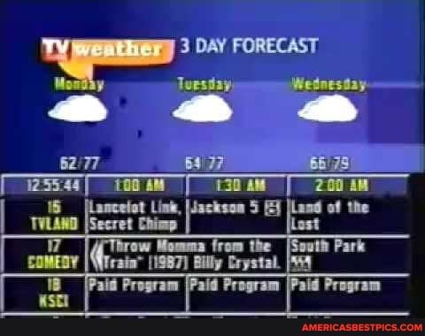 3 DAY FORECAST Tursta Wetnes tay.
& "
6977. 750)
1255.44 AM 130 AM 200
[Lamceiot Lint, of the
TVLAND [Secret Chimp Lsst
row Momma from the ISouth Park
COMEDY I I1987) Billy Crystal.
Pald Program IPaid Program IPaid Program