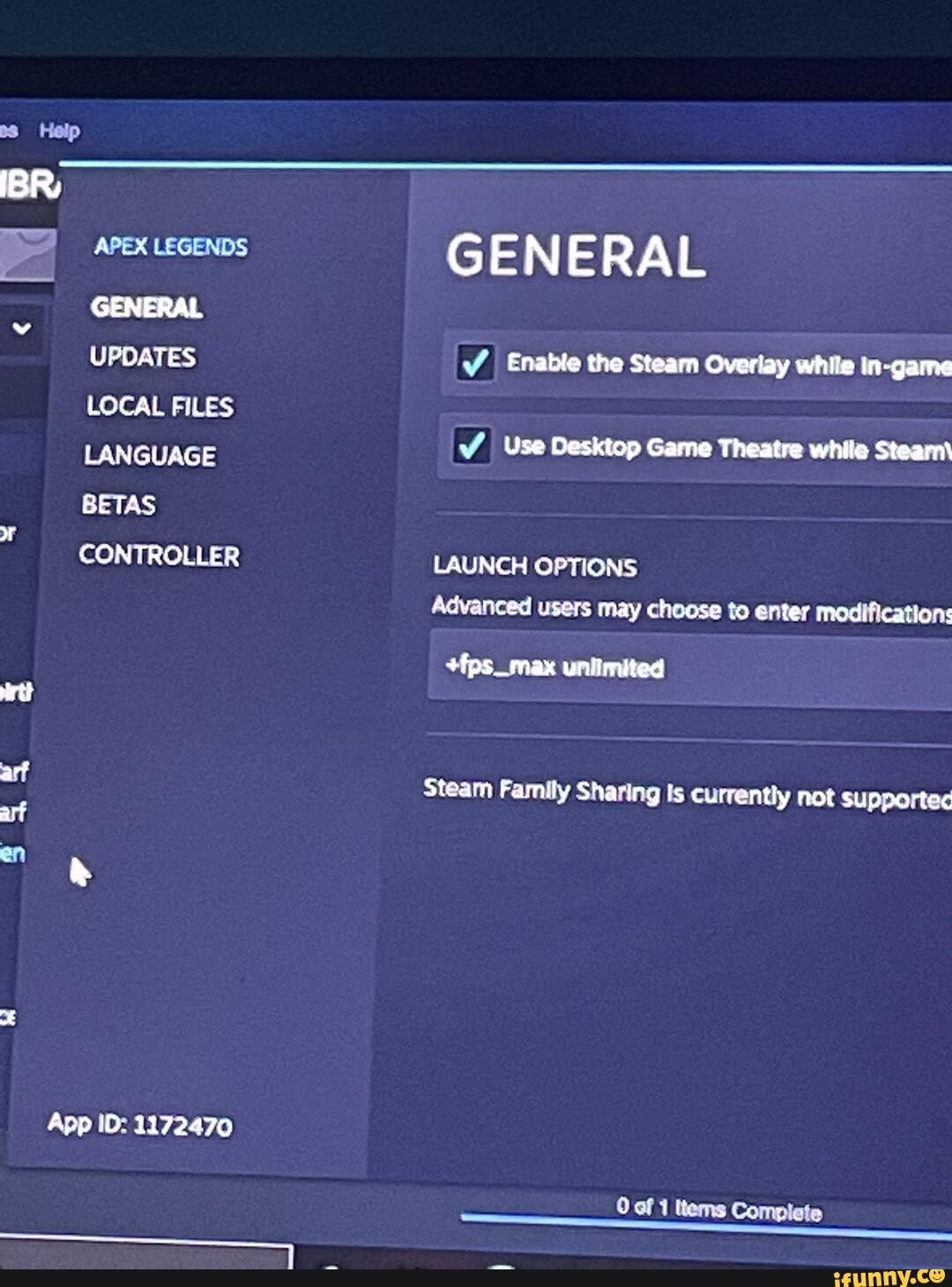 Help Br Apex Legends General Updates Local Files Language Betas Controller Art App Id General Updates Enable The Steam Overlay While In Game Language Vv Use Desktop Game Theatre While Steam Launch