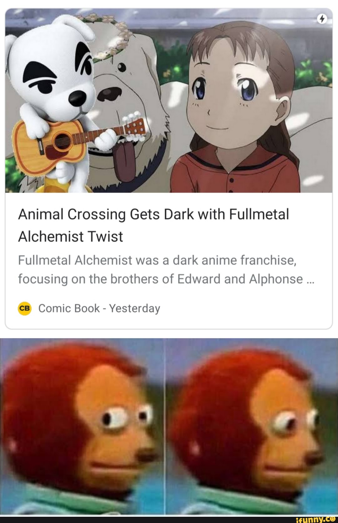Animal Crossing Gets Dark with Fullmetal
Alchemist Twist
Fullmetal Alchemist was a dark anime franchise, focusing on the brothers of Edward and Alphonse
cB Comic Book - Yesterday