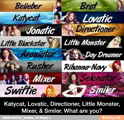 Katycat, Lovatic, Directioner, Little Monster,
Mixer, 4 Smiler. What are you? - Katycat, Lovatic, Directioner, Little Monster, Mixer, & Smiler. What are you?