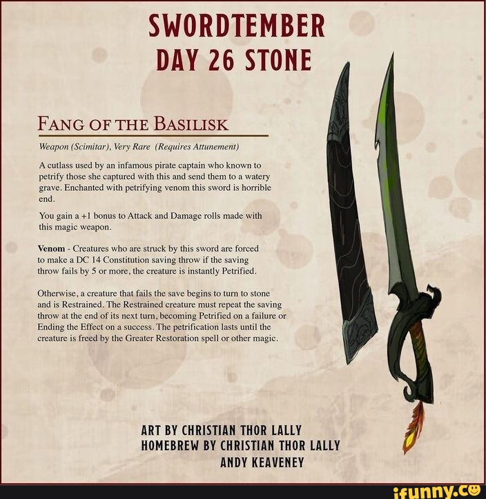 SWORDTEMBER DAY 26 STONE FANG OF THE BASILISK Weapon (Scimitar), Very
