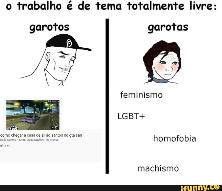 o
trabalho é de tema totalmente livre:
garotos garotas
É
feminismo
LGBT+
como chegar a casa
de
silvio santos no gta san homofobia
machismo