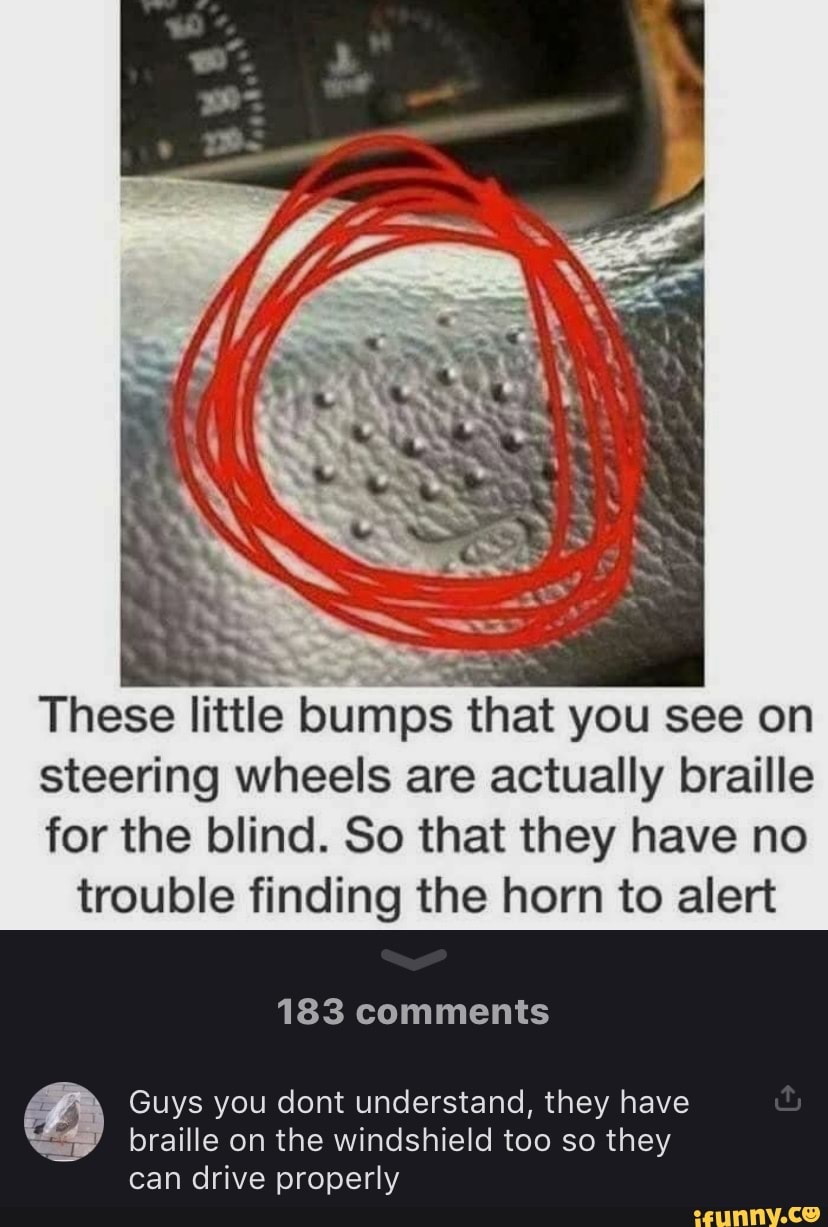 These little bumps that you see on steering wheels are actually braille for the blind. So that they have no trouble finding the horn to alert
183 comments
Guys you dont understand, they have braille on the windshield too so they can drive properly